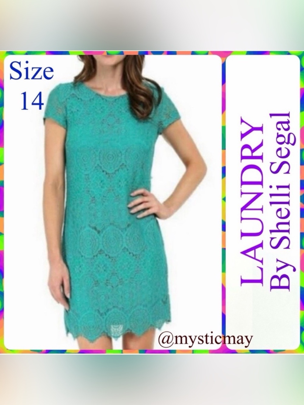 LAUNDRY Spring Green Crochet Lace Floral Medallion Overlay Shift Dress Size 14